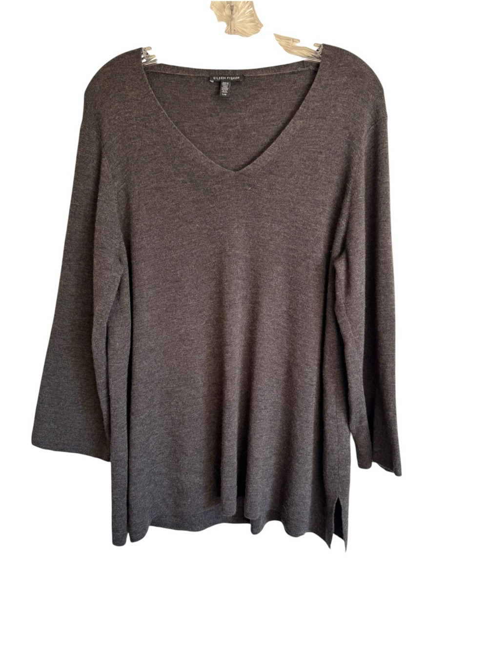 Eileen Fisher Women’s 100% Merino Wool Grey Pullover Sweater V Neck Tunic Sz L